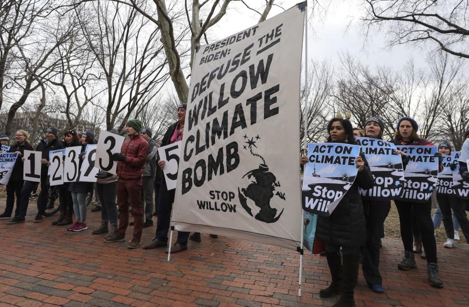 washington dc, united states january 10 climate activists gather to protest with demanding president biden stop the willow project by unfurling a banner on the lafayette square in front of the white house on january 10, 2023 in washington dc, united states photo by celal gunesanadolu agency via getty images