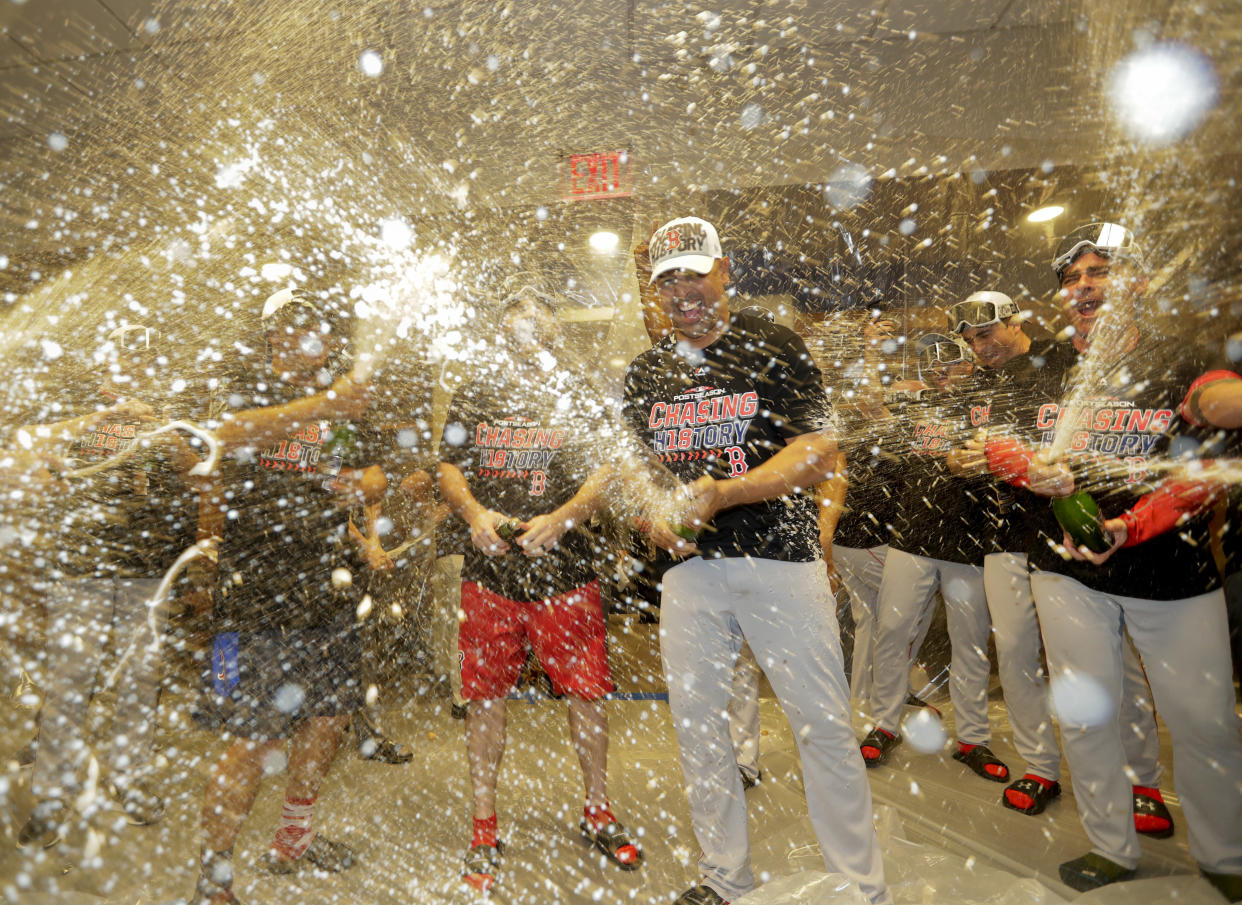 The Red Sox trolled the Yankees during their ALDS celebration. (AP Photo)