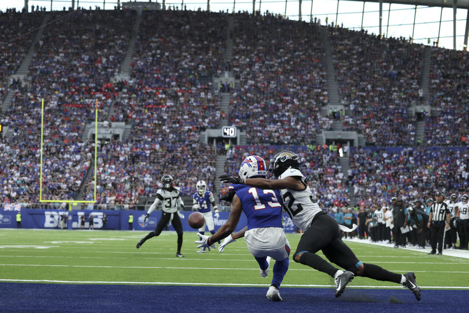 Buffalo Bills wide receiver Gabe Davis (13) catches the ball to scores a touchdown during an NFL football game between Jacksonville Jaguars and Buffalo Bills at the Tottenham Hotspur stadium in London, Sunday, Oct. 8, 2023. (AP Photo/Ian Walton)