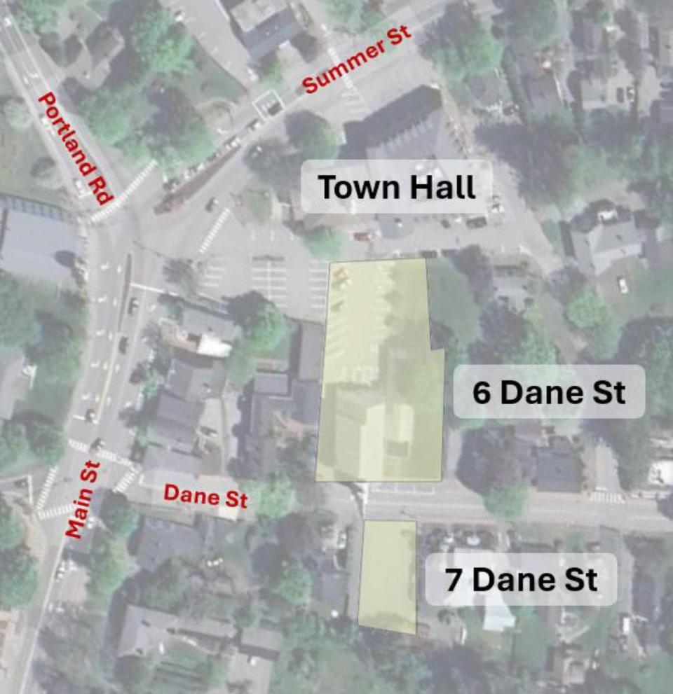 This map shows two properties on Dane Street in Kennebunk, Maine, that the town us considering purchasing in order to secure municipal parking.