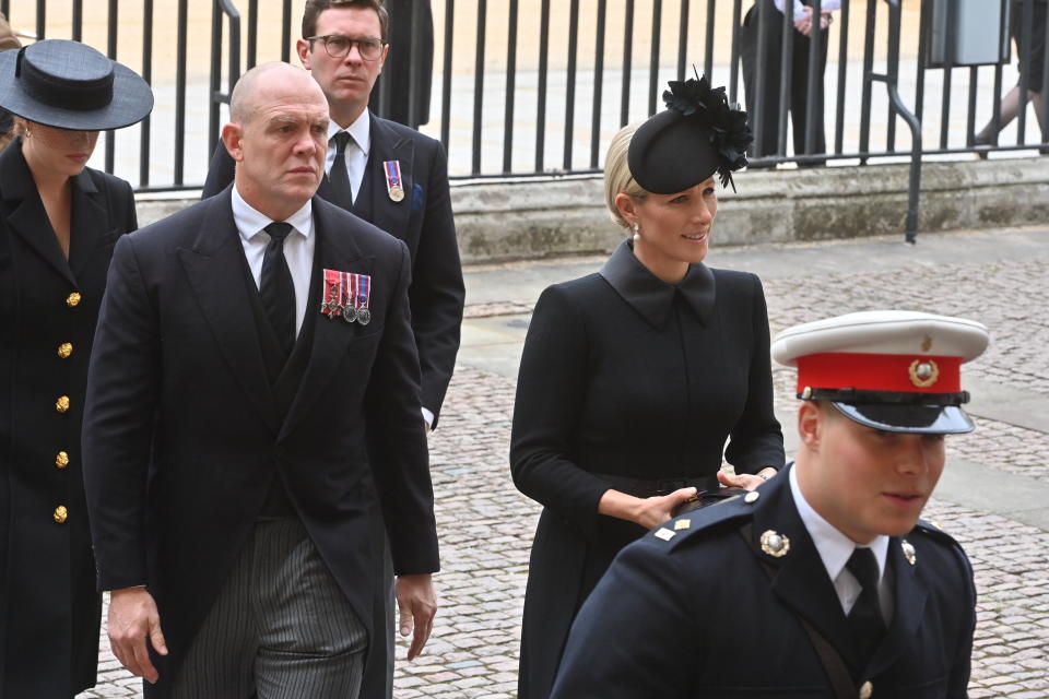 Zara Tindall and Mike Tindall arrive for the State Funeral of Queen Elizabeth II, held at Westminster Abbey, London. Picture date: Monday September 19, 2022.
