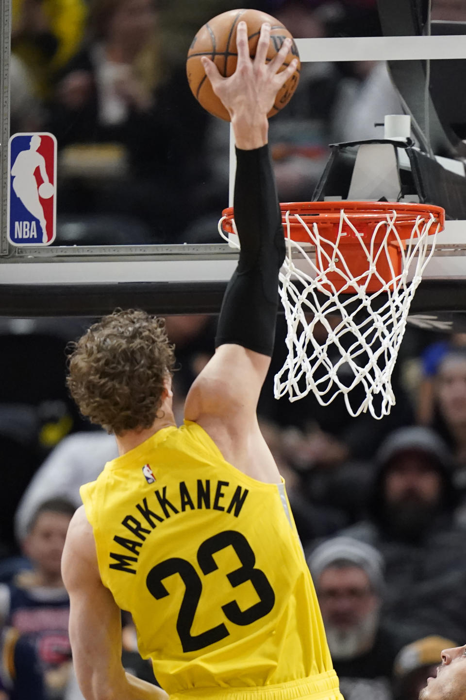 Utah Jazz forward Lauri Markkanen (23) dunks against the San Antonio Spurs during the first half of an NBA basketball game Tuesday, Feb. 28, 2023, in Salt Lake City. (AP Photo/Rick Bowmer)