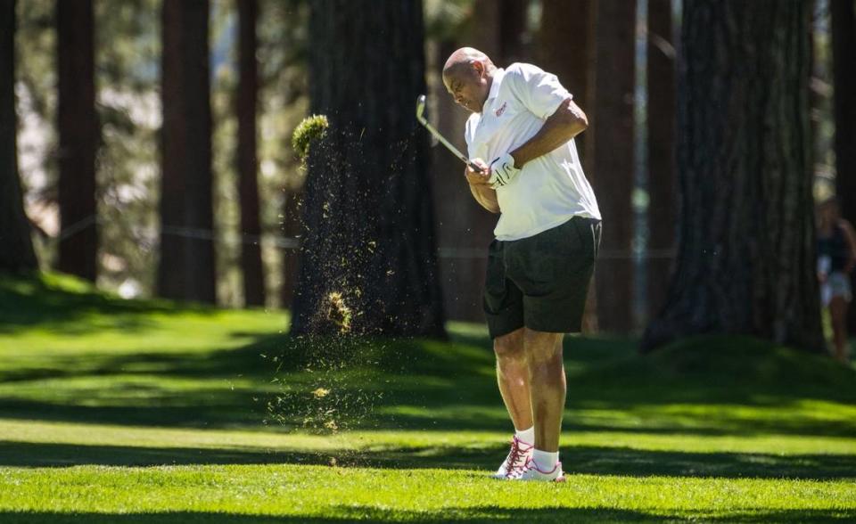 NBA Hall of Famer Charles Barkley follows through during the final practice round on Thursday, July 13, 2023, for the American Century Championship celebrity golf tournament at Edgewood Tahoe Golf Course in Stateline, Nev. Hector Amezcua/hamezcua@sacbee.com