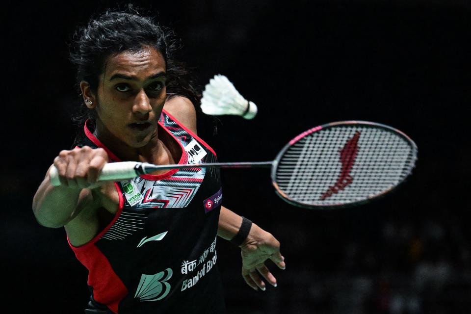 TOPSHOT - India's Pusarla V. Sindhu plays a shot against Taiwan's Tai Tzu-ying during their womens singles quarter-final match at the Malaysia Open badminton tournament in Kuala Lumpur on July 1, 2022. (Photo by Mohd RASFAN / AFP) (Photo by MOHD RASFAN/AFP via Getty Images)