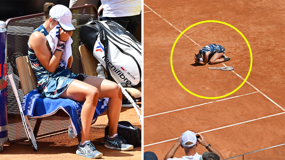 Tennis World No.1 Iga Swiatek (pictured left) emotional after winning the Italian Open and (pictured right) collapsing to the ground.