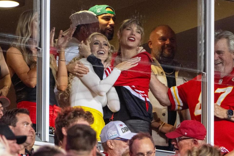 It was quite the night of hugging for Brittany Mahomes, left, and Taylor Swift as the Chiefs beat the Denver Broncos in October.