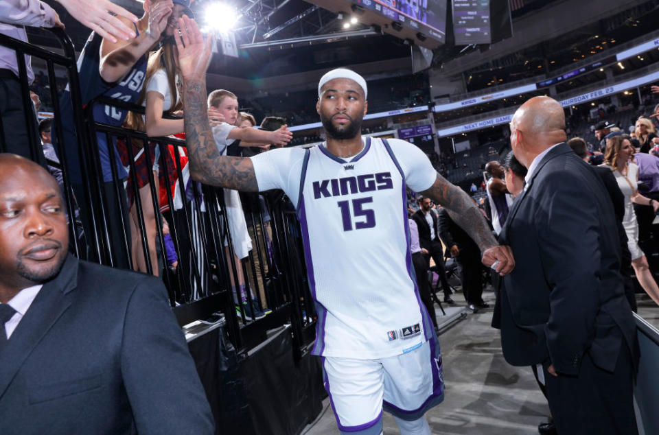 DeMarcus Cousins greets Kings fans after beating the Pelicans on Feb. 12, 2017 at Golden 1 Center in Sacramento. (Rocky Widner/NBAE/Getty Images)