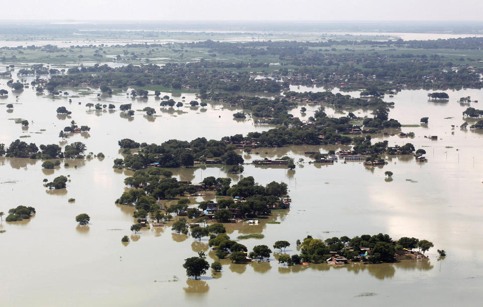 An aerial view of a flooded village on the outskirts of Allahabad