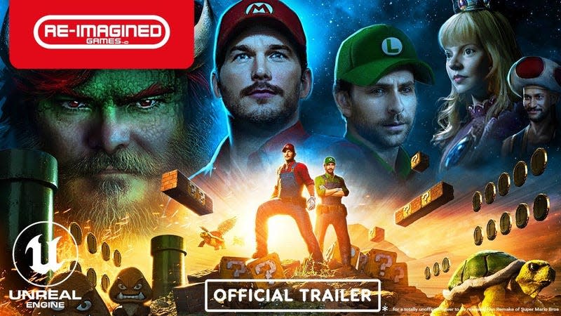 A YouTube screenshot shows a re-imagining of Super Mario Bros. with its Hollywood cast. 