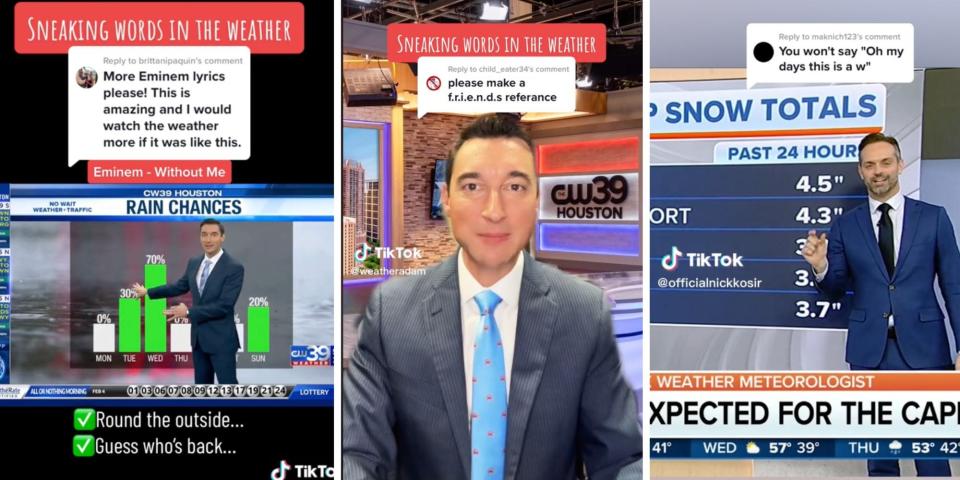 Weathermen on TikTok, taking requests from comments of phrases to include in their report.