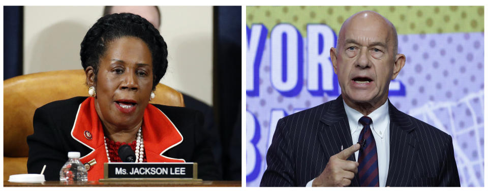 FILE - In this photo combination, U.S. Rep. Shelia Jackson Lee, D-Texas, left, speaks during a meeting on Capitol Hill in Washington, Dec. 13, 2019, and at right, Democratic state Sen. John Whitmire answers a question during a televised candidates debate at Houston Public Media studios, Thursday, Oct. 19, 2023, in Houston. A mayoral runoff Saturday, Dec. 9, 2023 between state Sen. John Whitmire, 74, and U.S. Rep. Sheila Jackson Lee, 73, has the fourth-largest city in the U.S. on the verge of picking a new leader who cuts against Houston's demographic trends. (AP Photo/Patrick Semansky, Michael Wyke, File)