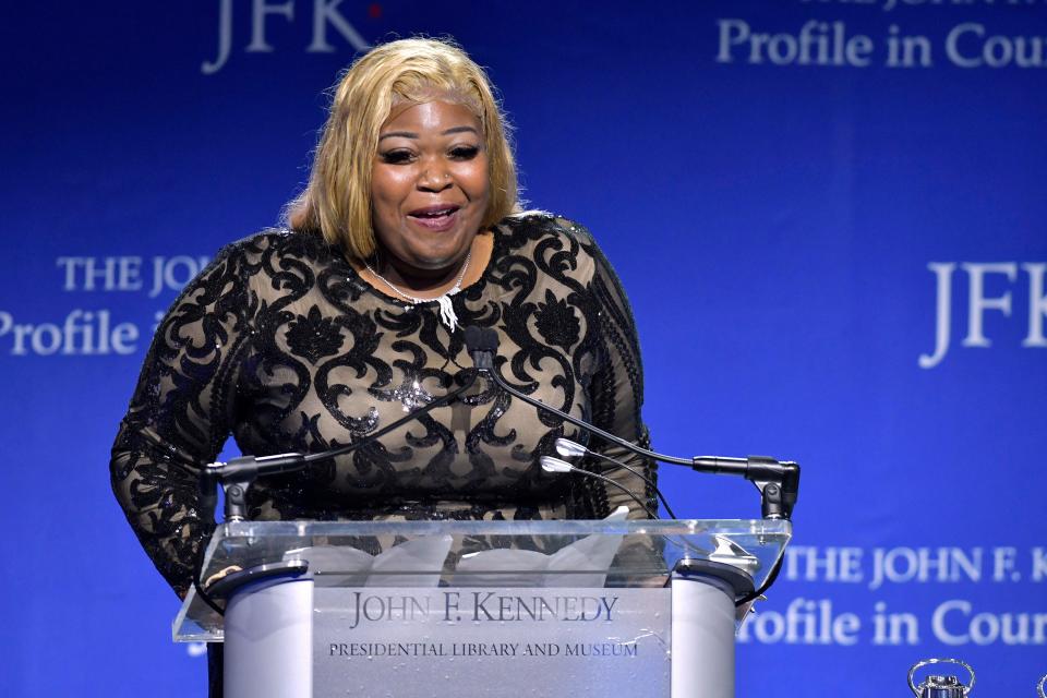 Wandrea' "Shaye" Moss, former Fulton County, Georgia, election worker delivers remarks after receiving the 2022 John F. Kennedy Profile in Courage Award, Sunday, May 22, 2022, at the John F. Kennedy Presidential Library and Museum in Boston, Massachusetts.