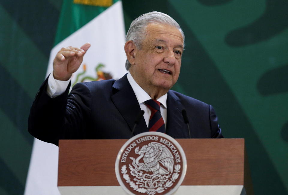 Mexico's President Andres Manuel Lopez Obrador speaks during a news conference at a military base in Apodaca, on the outskirts of Monterrey, Mexico May 13, 2022. REUTERS/Daniel Becerril