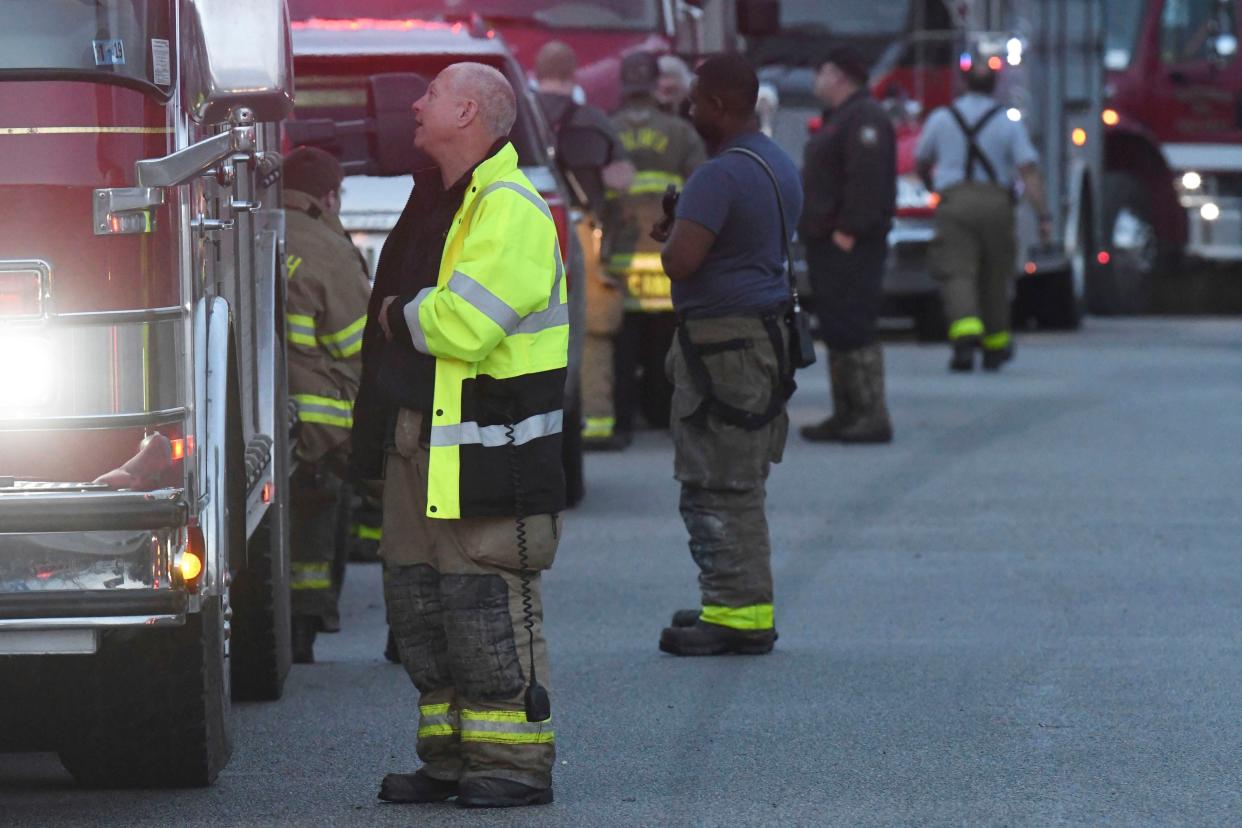 Emergency crews gather at a staging area near Sunset Beach, N.C. on Tuesday, Feb. 16, 2021.