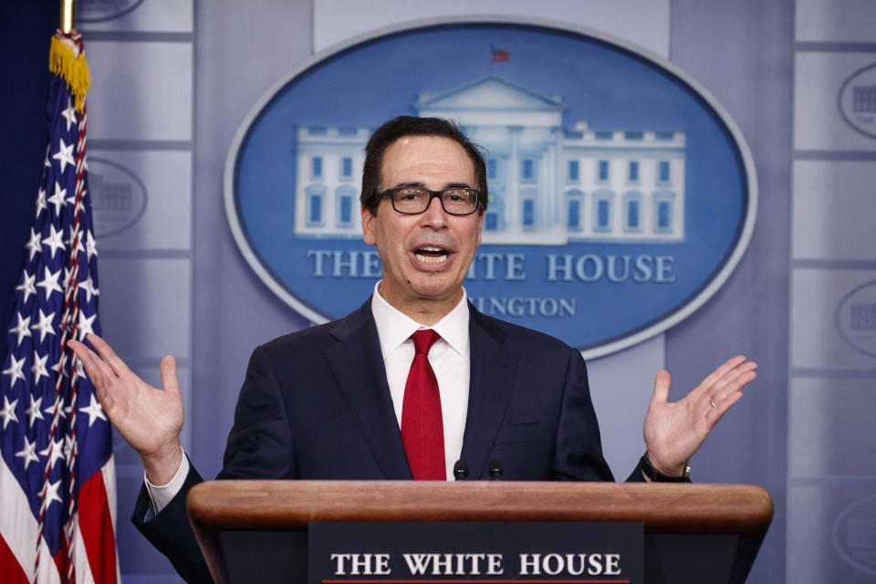 Treasury Secretary Steve Mnuchin speaks during a news briefing at the White House, in Washington, Monday, July 15, 2019. (AP Photo/Carolyn Kaster)