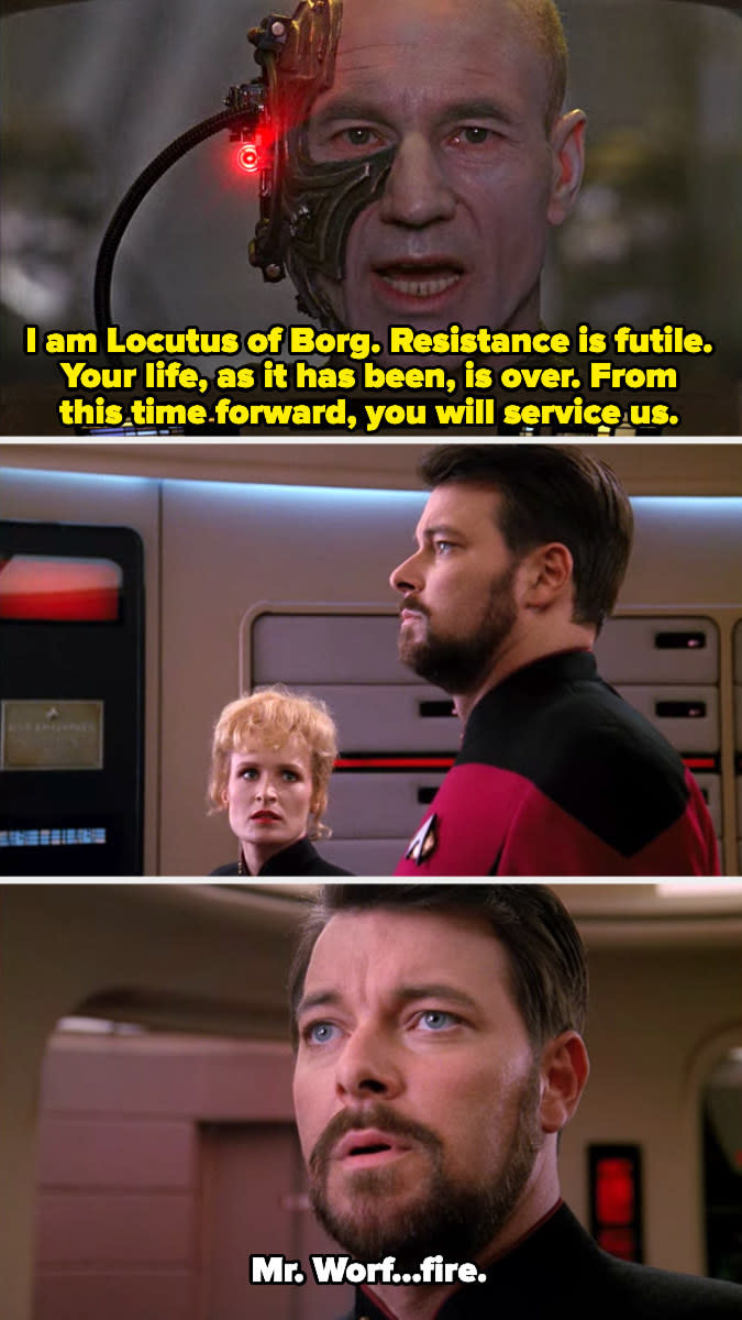 An overtaken Picard saying that resistance is futile, and Riker saying, "Mister Worf, fire"