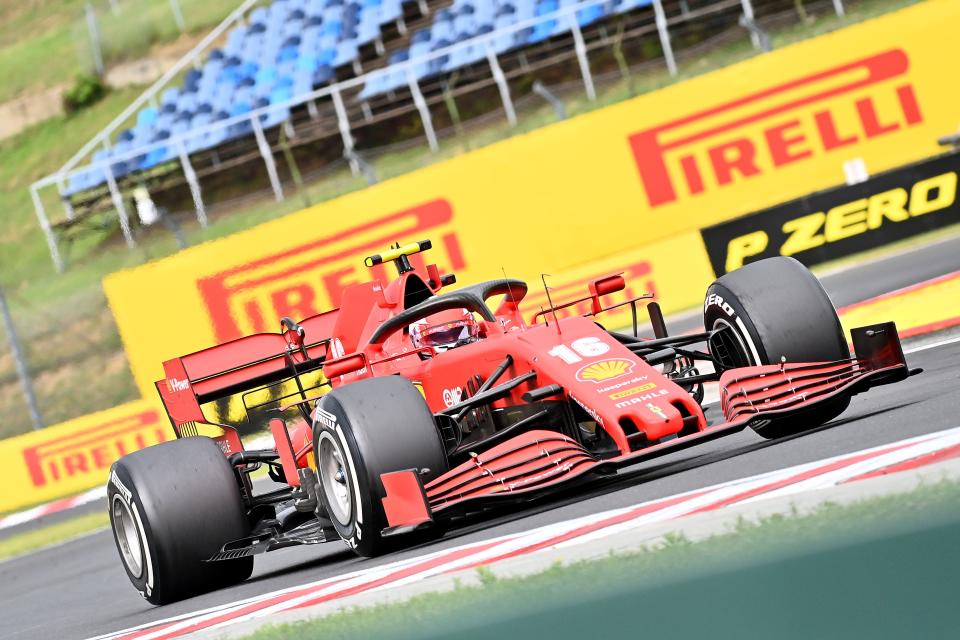 Ferrari's Monegasque driver Charles Leclerc steers his car during the Formula One Hungarian Grand Prix race at the Hungaroring circuit in Mogyorod near Budapest, Hungary, on July 19, 2020. (Photo by Joe Klamar / POOL / AFP) (Photo by JOE KLAMAR/POOL/AFP via Getty Images)