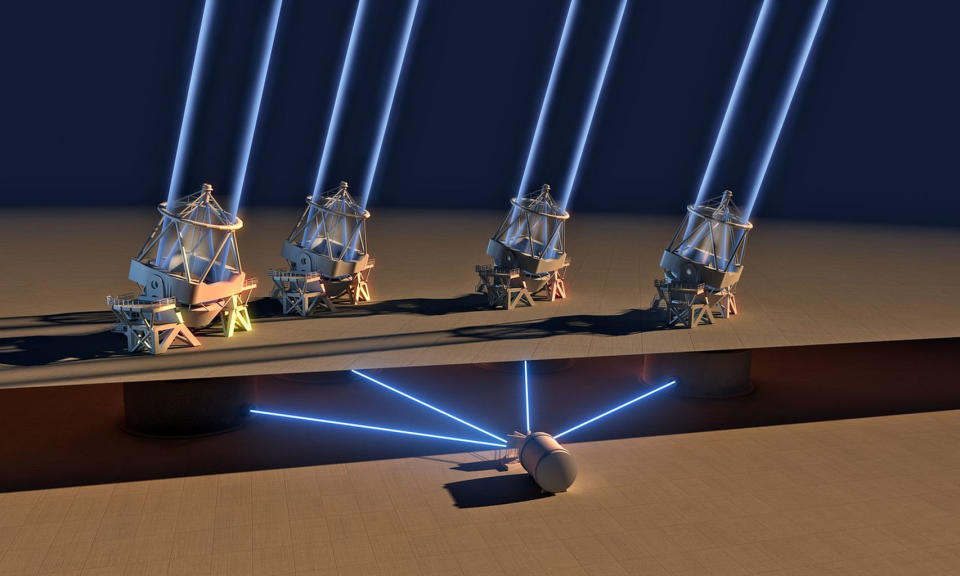 The ESPRESSO instrument on the European Southern Observatory's Very Large Telescope (VLT) in Chile successfully combined light from four 8.2-meter unit telescopes for the first time, making VLT the optical telescope with the largest collecting area in the world. <cite>L. Calçada/ESO</cite>