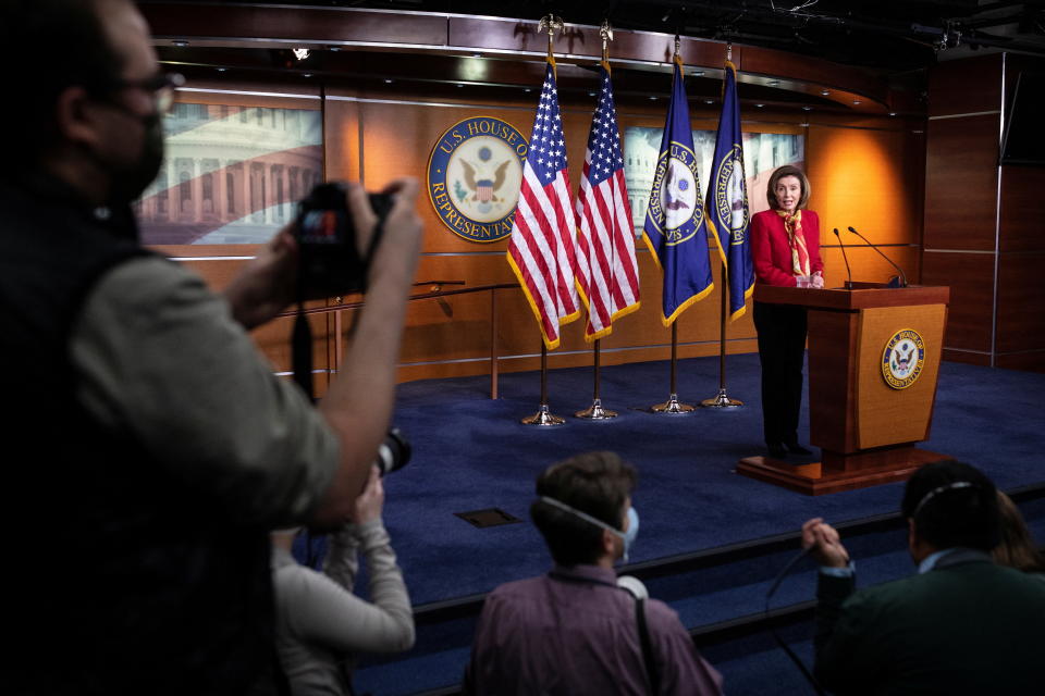 House Speaker Nancy Pelosi (D-CA) speaks during a weekly news conference on Capitol Hill in Washington, U.S., February 9, 2022. REUTERS/Tom Brenner