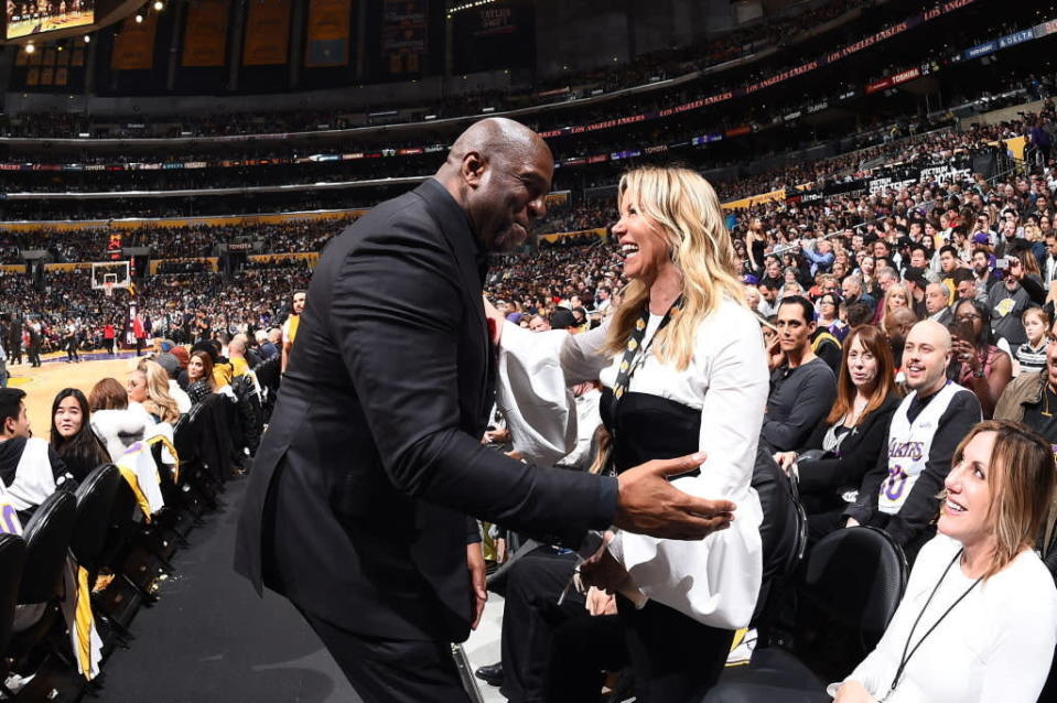 Lakers president Magic Johnson and owner Jeanie Buss can't imagine why the rest of the NBA would treat them so unfairly. (Getty Images)