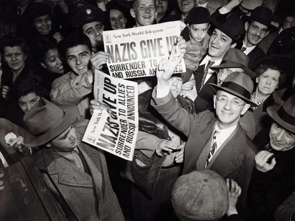 Celebrations in New York on May 7 1945 after Germany announces its surrender towards the end of World War II.
