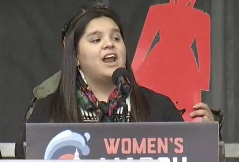 Tokata Iron Eyes delivered a speech at the Women’s March in Washington in 2019 aged 15 (C-Span)