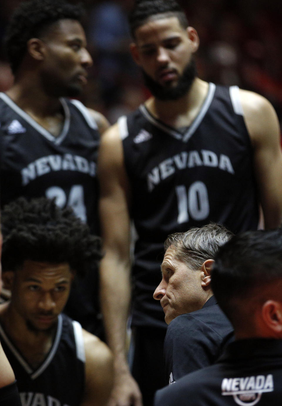 Nevada head coach Eric Musselman gives instructions to his players during a timeout in the second half of an NCAA college basketball game against New Mexico in Albuquerque, N.M., Saturday, Jan. 5, 2019. New Mexico won 85-58. (AP Photo/Andres Leighton)