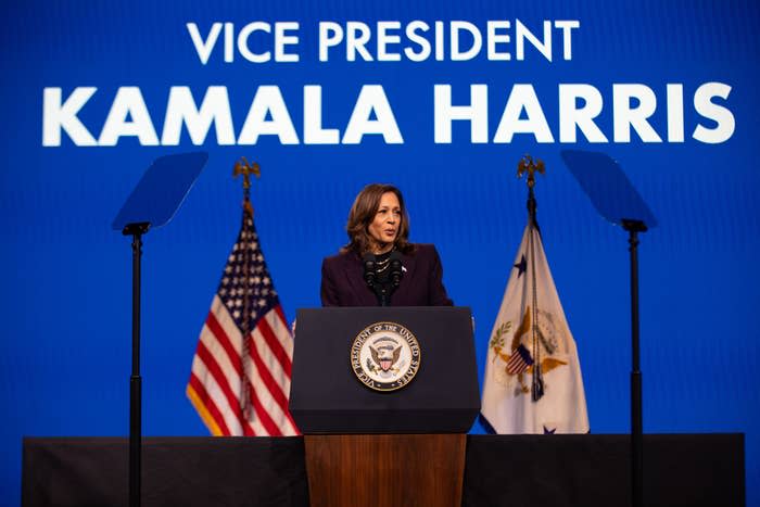 Vice President Kamala Harris speaks at a podium with the seal of the Vice President, flanked by the American flag and another flag