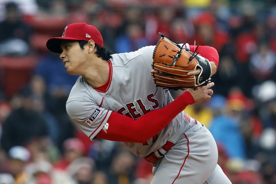 Los Angeles Angels' Shohei Ohtani pitches against the Boston Red Sox during the first inning of a baseball game, Monday, April 17, 2023, in Boston. (AP Photo/Michael Dwyer)