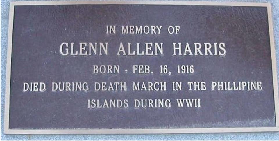 A memorial plaque for Pfc. Glenn A. Harris, who died while serving in World War II. Harris was buried at a prisoner of war camp in the Bataan peninsula in 1942, and his remains were unidentified for more than 80 years until DNA technology helped identify him. Records show he died at the camp after the Bataan Death March.