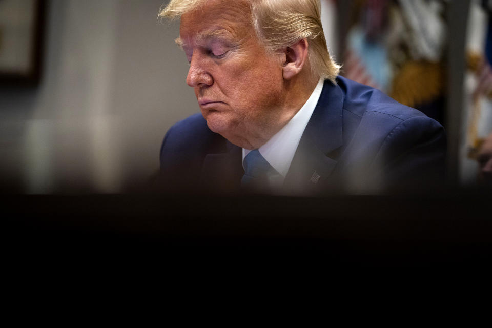 Image: President Donald Trump during a meeting in the Roosevelt Room at the White House on April 7, 2020. (Doug Mills / Pool via Getty Images)