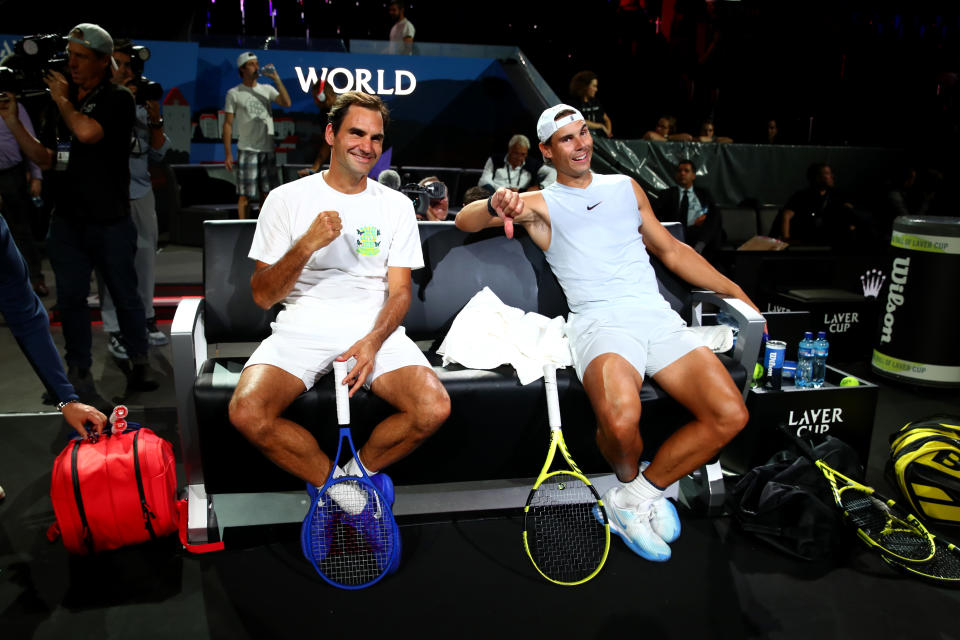 Roger Federer (pictured left) and teammate Rafael Nadal (pictured right) during practice ahead of the Laver Cup 2019.