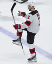 New Jersey Devils defenseman Brendan Smith celebrates after his goal against the Ottawa Senators during first-period NHL hockey game action in Ottawa, Ontario, Saturday, April 6, 2024. (Adrian Wyld/The Canadian Press via AP)