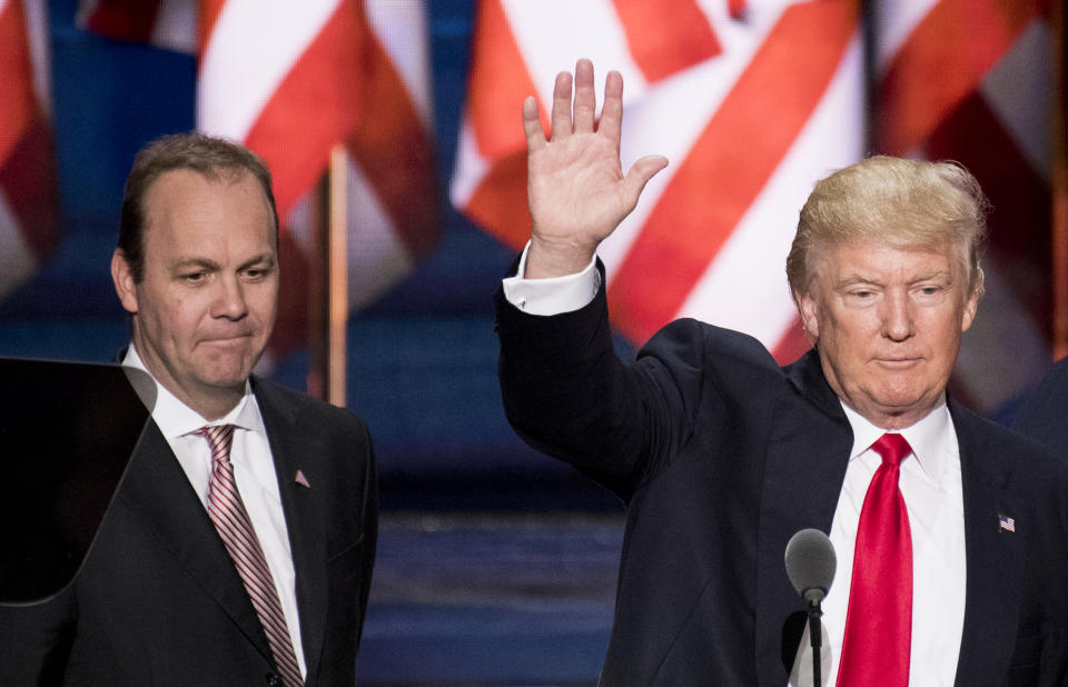 Rick Gates looks on as candidate Donald Trump prepares to accept the presidential nomination at the 2016 Republican National Convention in 2016. (Photo: Bill Clark/CQ Roll Call/Getty)