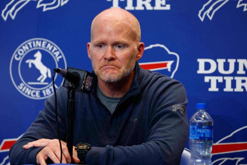 Buffalo Bills head coach Sean McDermott speaks with the media, Thursday Jan. 5, 2023, in Orchard Park, N.Y. Bills safety Damar Hamlin was taken to the hospital after collapsing on the field during the Bill's NFL football game against the Cincinnati Bengals on Monday night. (AP Photo/Jeffrey T. Barnes)