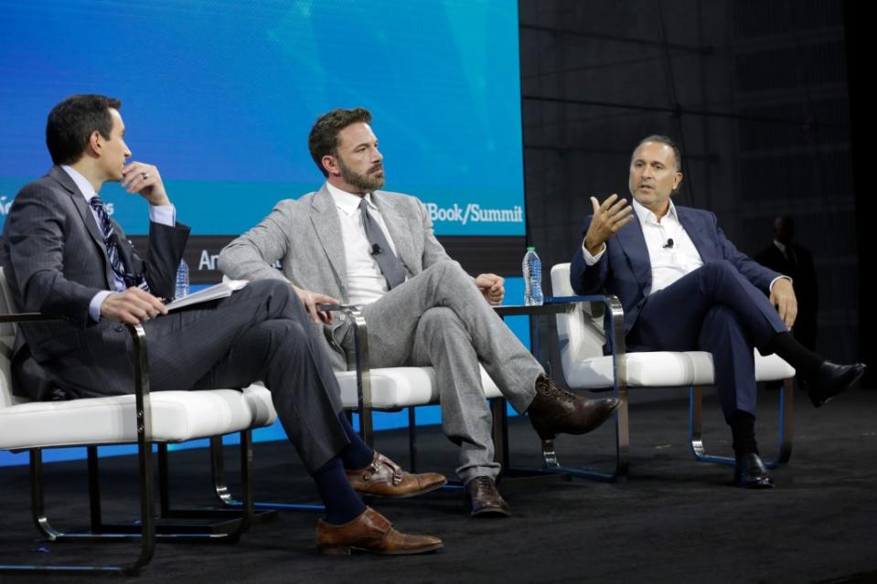 NEW YORK, NEW YORK - NOVEMBER 30: (L-R) Andrew Ross Sorkin, Ben Affleck, and Gerry Cardinale on stage at the 2022 New York Times DealBook on November 30, 2022 in New York City. (Photo by Thos Robinson/Getty Images for The New York Times)