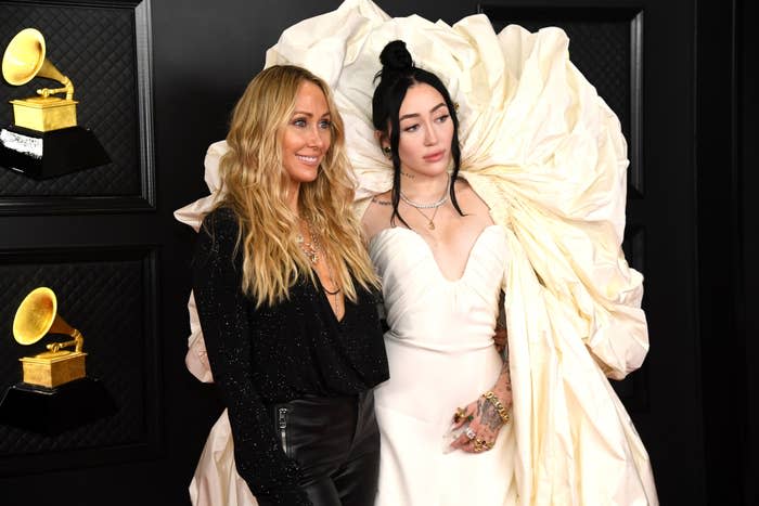 A closeup of Tish and Noah Cyrus at the Grammys