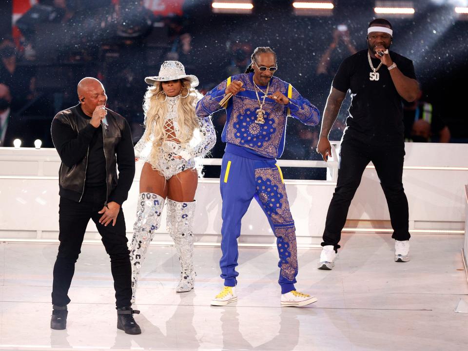 Dr. Dre, Mary J. Blige, Snoop Dogg, and 50 Cent perform in the halftime show during the NFL Super Bowl 56 football game, Sunday, Feb. 13, 2022 in Inglewood, CA.