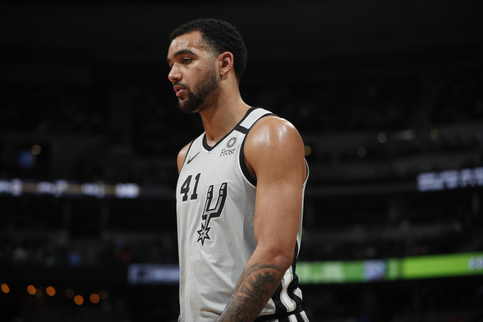 San Antonio Spurs center Trey Lyles (41) in the first half of an NBA basketball game Monday, Feb . 10, 2020, in Denver. (AP Photo/David Zalubowski)