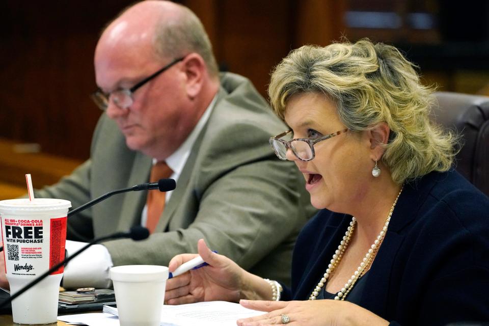 Senate Education Committee member Nicole Atkins Boyd, R-Oxford, right, questions Felicia Gavin, the chief operating officer with the Mississippi Department of Education, unseen, during a committee hearing on public school teacher pay in 2021 at the Mississippi State Capitol. On Thursday, the Senate passed a bill to give expecting mothers presumptive Medicaid eligibility for prenatal care.