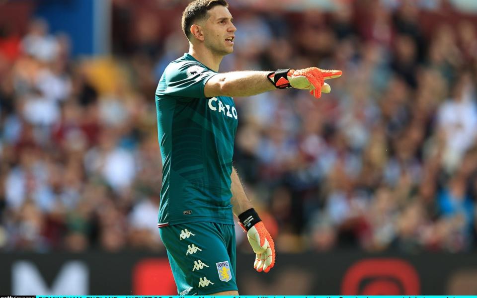 Emiliano Martinez of Aston Villa looks on during the Premier League match between Aston Villa and Brentford in August. - David Rogers/Getty Images