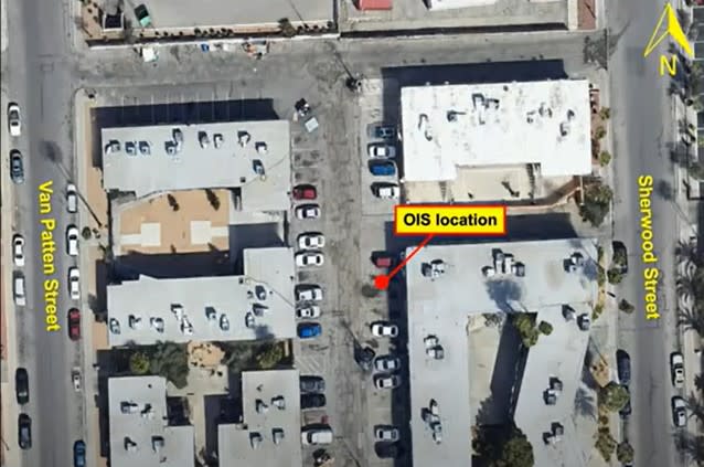 <em>The Las Vegas Metro police officer-involved shooting happened on Feb. 6, 2024, on Sherwood Street near Sahara Avenue, east of Las Vegas Boulevard, around 1:47 a.m. (KLAS)</em>