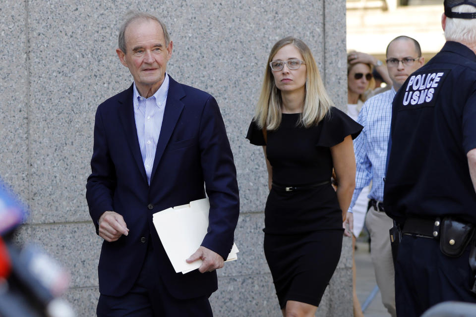 Attorneys David Boies, and Annie Farmer, one of Jeffrey Epstein's accusers who spoke in court, walk to a news conference outside federal court, in New York, Monday, July 15, 2019. A judge did not rule Monday on Epstein's bail, saying he needs more time. (AP Photo/Richard Drew)