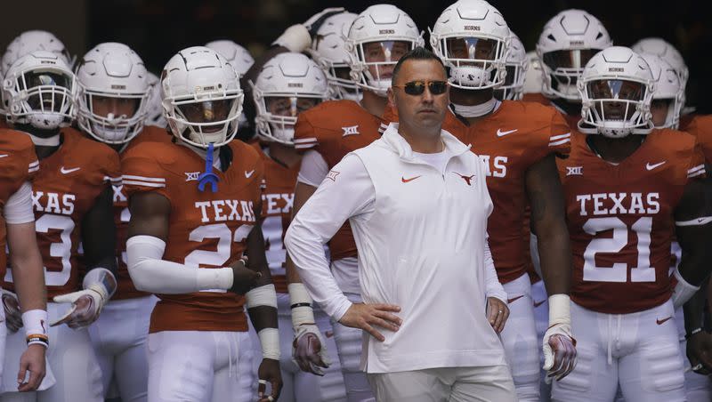 Texas head coach (and former BYU QB) Steve Sarkisian, center, waits to take the field with his team before a game against Kansas, in Austin, Texas, Saturday, Sept. 30, 2023. BYU returns to Austin Saturday to face the Longhorns in a Big 12 showdown.