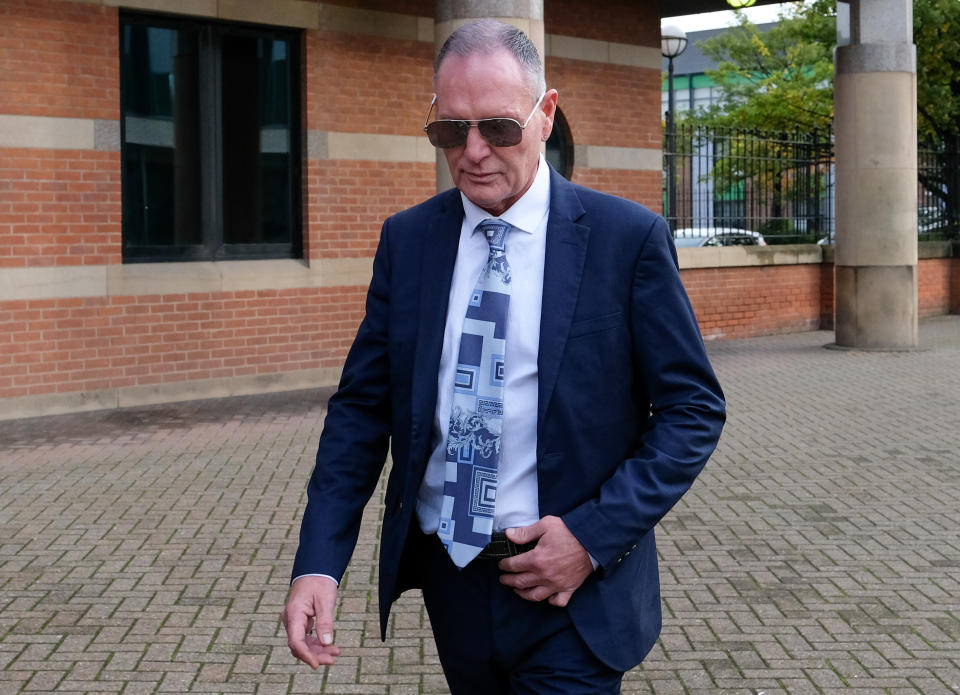 MIDDLESBROUGH, ENGLAND - OCTOBER 14: Former footballer Paul Gascoigne arrives at Teesside Crown Court on October 14, 2019 in Middlesbrough, England. The former England international is on trial for sexual assault after he was arrested for kissing a woman in August 2018 while travelling on a train between York and Newcastle. (Photo by Ian Forsyth/Getty Images)