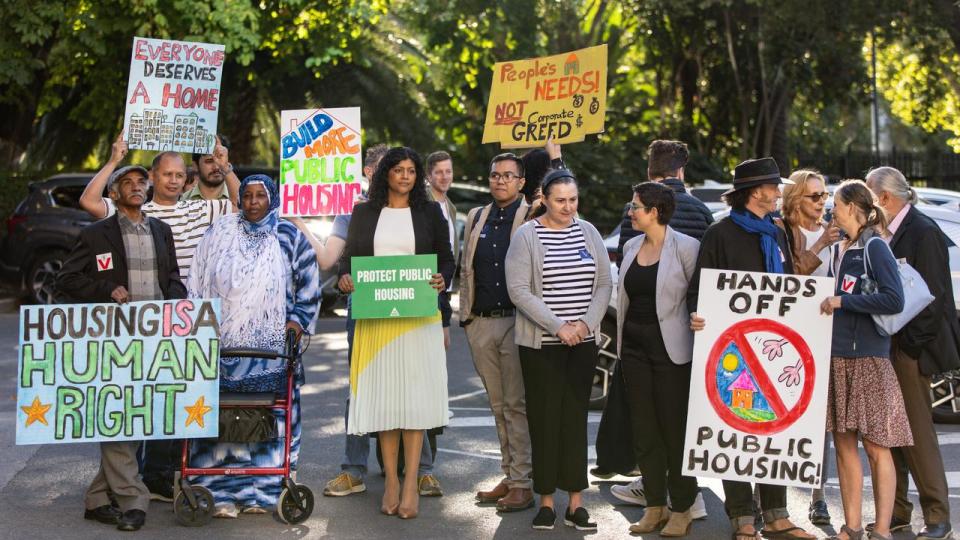 Victorian Greens members protest alongside public housing residents