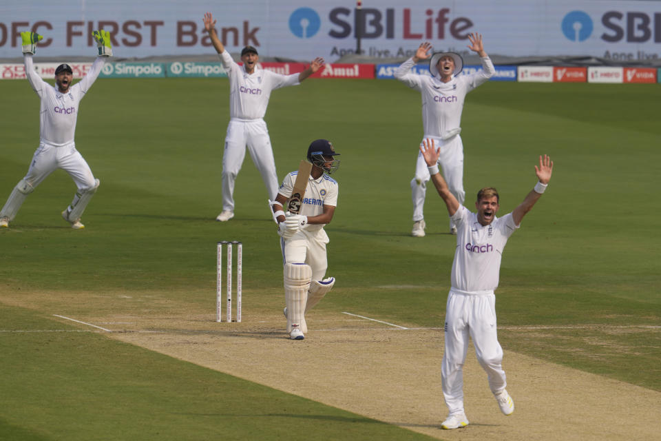 England's James Anderson appeals unsuccessfully for the wicket of India's Yashasvi Jaiswal on the second day of the second test match between India and England, in Visakhapatnam, India, Saturday, Feb. 3, 2024. (AP Photo/Manish Swarup)