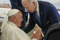 Pope Francis, left, greets U.S. President Joe Biden during a working session on AI, Energy, Africa and Mideast at the G7 summit, in Borgo Egnazia, near Bari in southern Italy, Friday, June 14, 2024. (AP Photo/Andrew Medichini)
