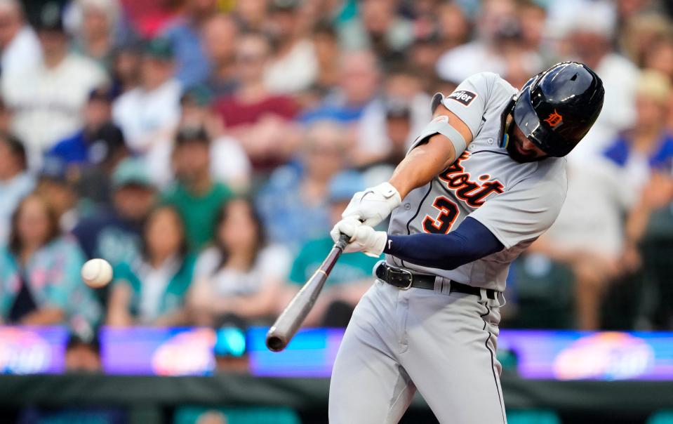 Detroit Tigers' Riley Greene hits an RBI single against the Seattle Mariners during the third inning at T-Mobile Park in Seattle on Saturday, July 15, 2023.