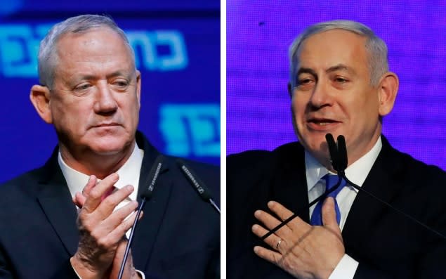 Benny Gantz and Benjamin Netanyahu speak at rallies early on Wednesday as they awaited poll results